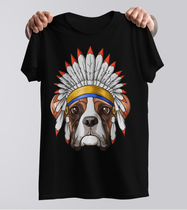 Native Indian American Boxer Feather Headdress Boxer Dog T-Shirt