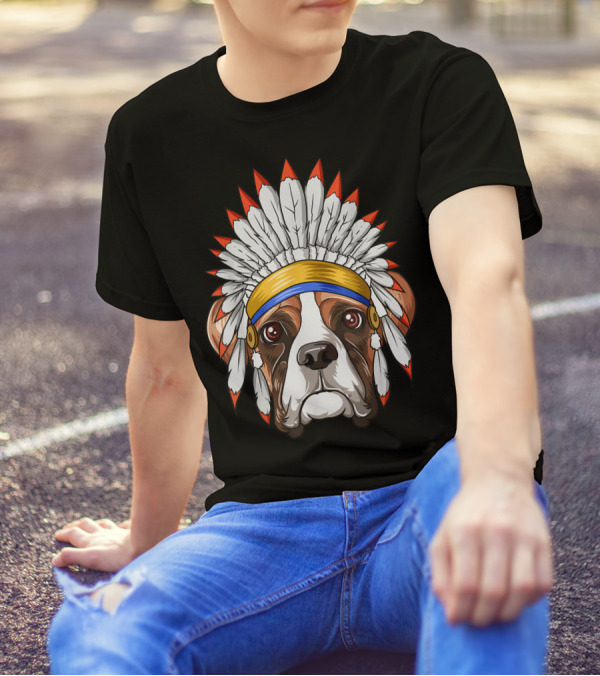Native Indian American Boxer Feather Headdress Boxer Dog T-Shirt