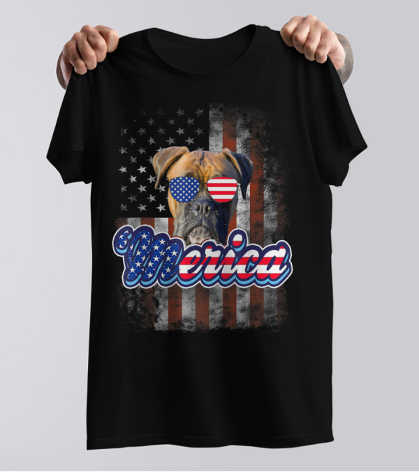 ‘Merica Patriotic Boxer Dog American Flag Sunglasses 4th Of July T-Shirt
