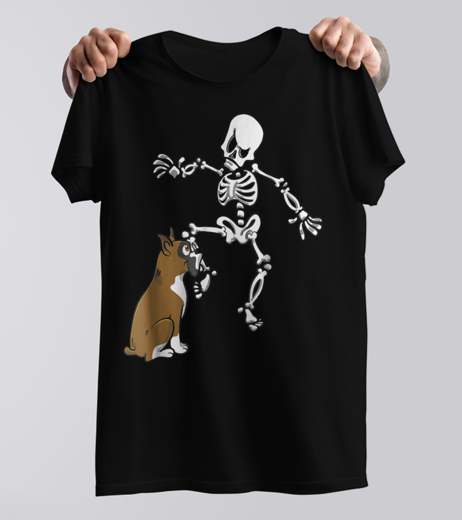 Boxer Dog Biting Skeleton Leg Halloween Dog Skeleton T-Shirt