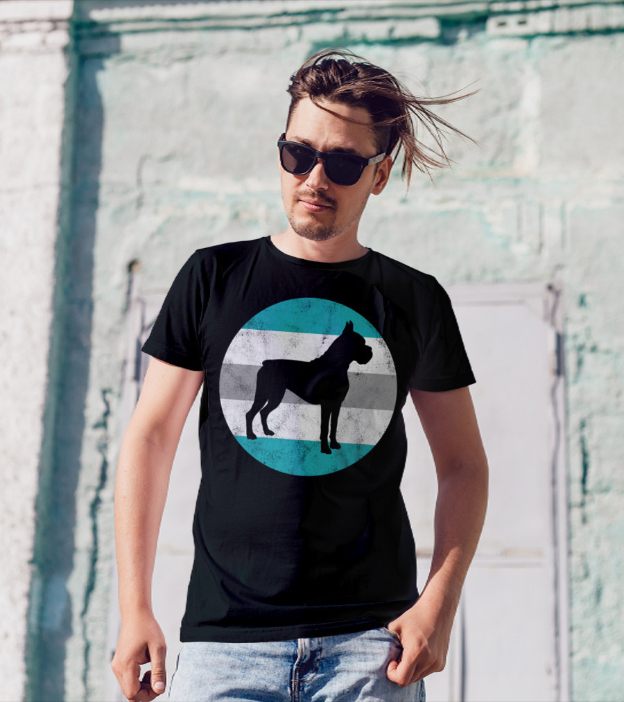 Boxer Dog Silhouette On Retro Striped Circle For Teens T-Shirt