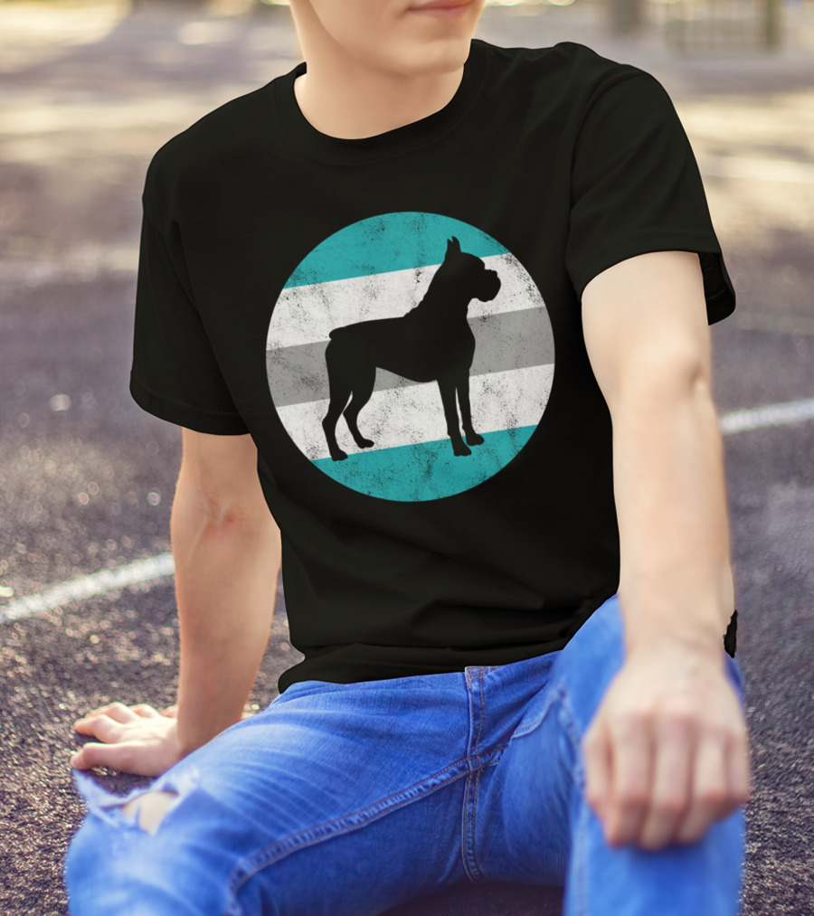 Boxer Dog Silhouette On Retro Striped Circle For Teens T-Shirt