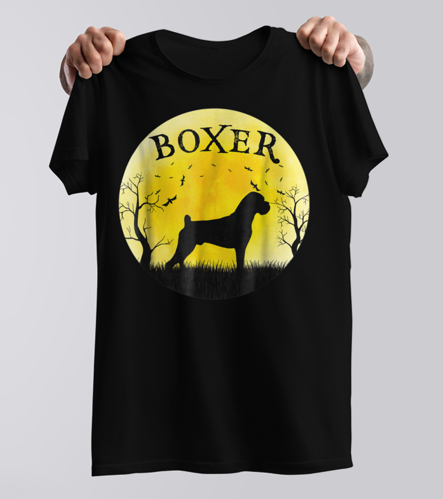 Boxer Dog Full Moon Halloween Bats Trees Vintage T-Shirt