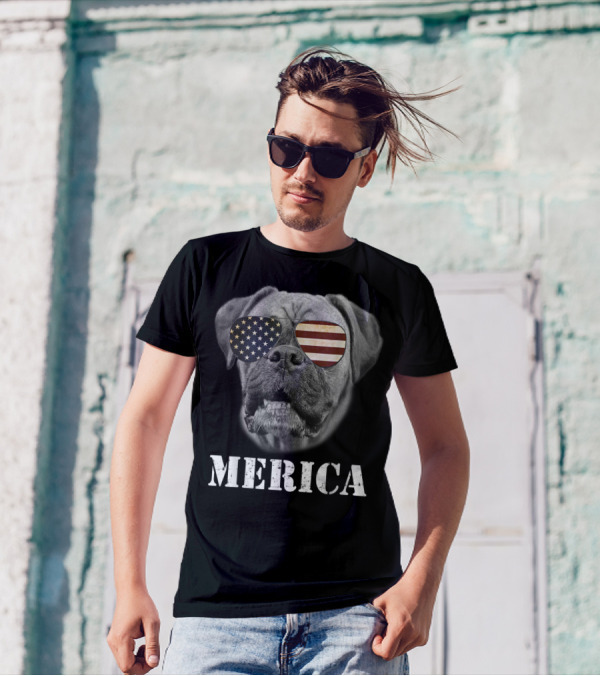 Merica Patriotic Boxer Dog With USA Flag Sunglasses T-Shirt