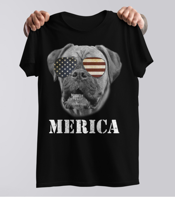 Merica Patriotic Boxer Dog With USA Flag Sunglasses T-Shirt