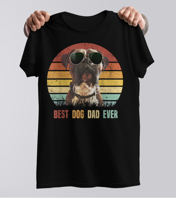 Mens Vintage Best Dog Dad Ever Boxer Dog Sunglasses Retro Sunburst T-Shirt
