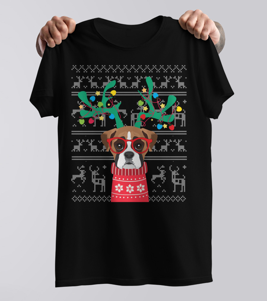 Swea Xmas Boxer Dog Reindeer Antlers Holiday Lights Ugly Christmas T-Shirt