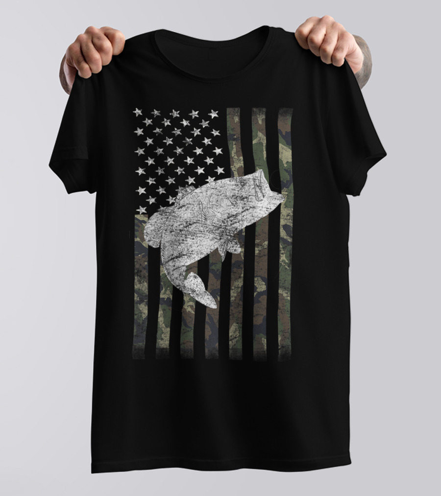 Big Mouth Bass Fishing Camouflage Flag With Stars T-Shirt