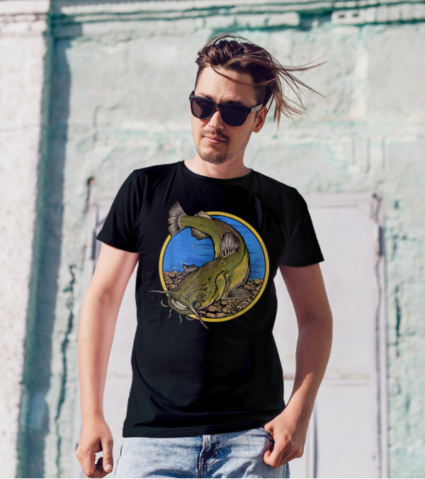 Catfish Fishing Against Colorful Water With Circle Background T-Shirt