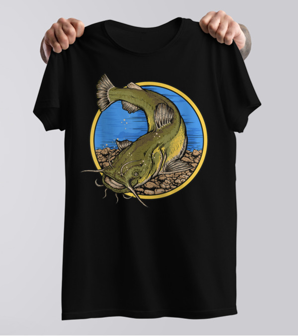 Catfish Fishing Against Colorful Water With Circle Background T-Shirt
