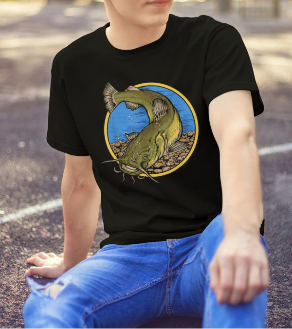 Catfish Fishing Against Colorful Water With Circle Background T-Shirt