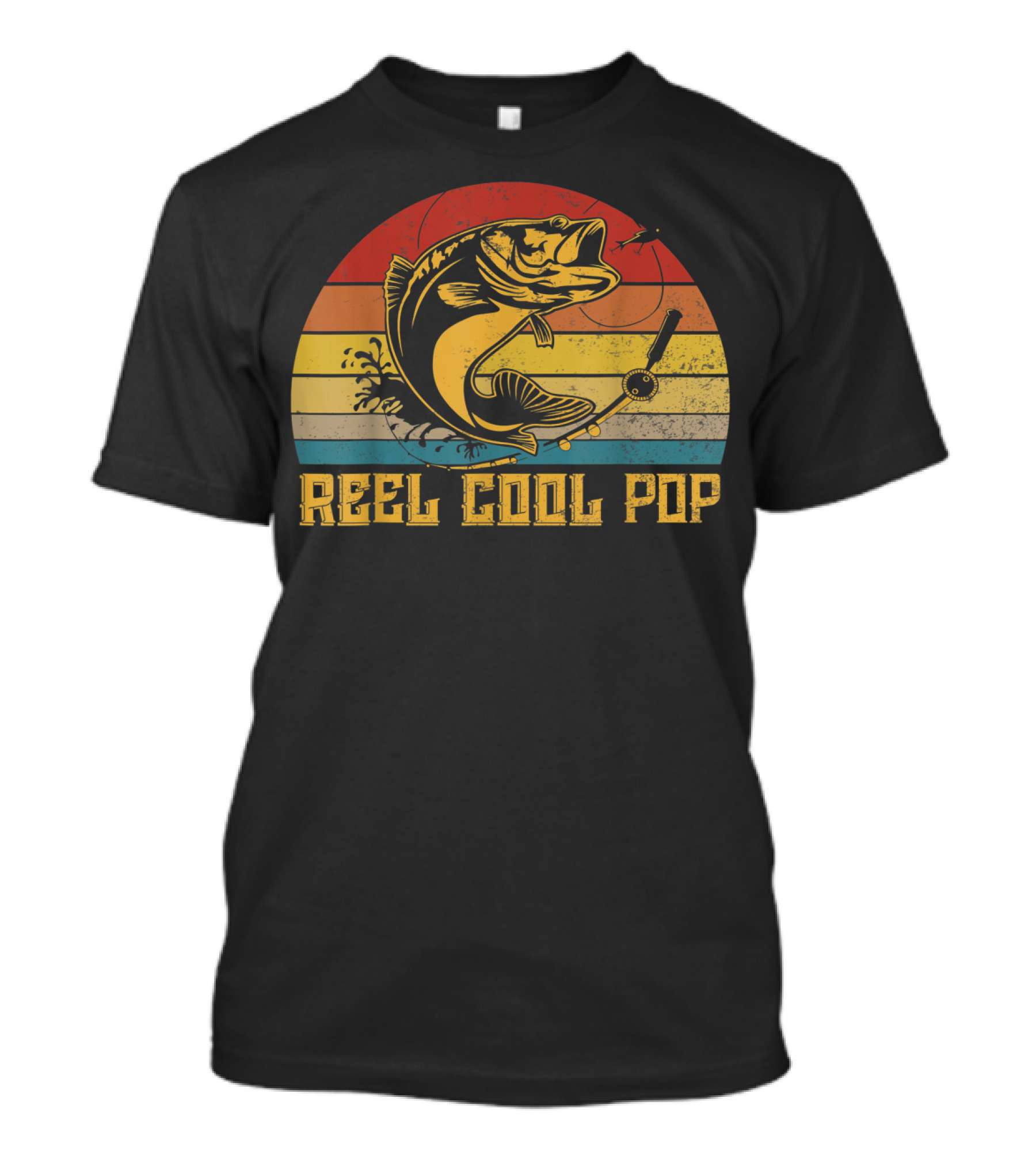 Father's Day Vintage Fishing Reel Cool Pop Retro Bass Sunset T-Shirt