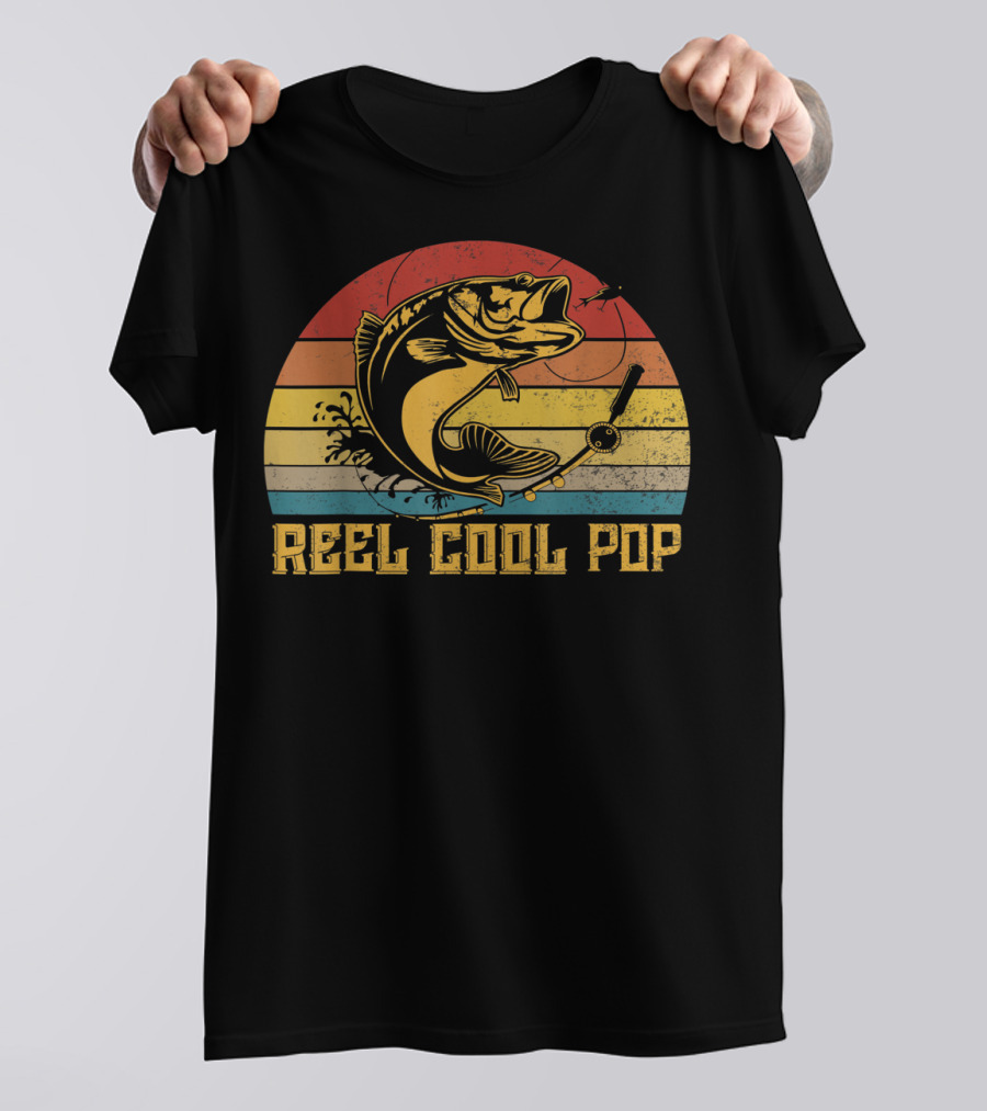 Father's Day Vintage Fishing Reel Cool Pop Retro Bass Sunset T-Shirt