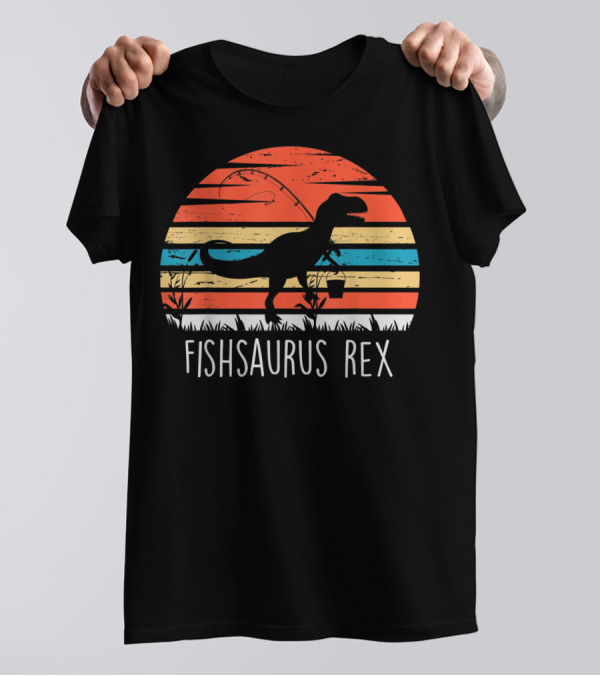 Fathers Day Fishsaurus Rex Dinosaur Fishing Vintage Sunset T-Shirt