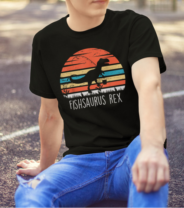 Fathers Day Fishsaurus Rex Dinosaur Fishing Vintage Sunset T-Shirt