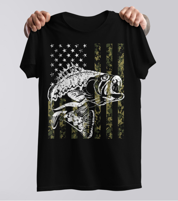American Flag Camouflage Bass Fishing USA T-Shirt