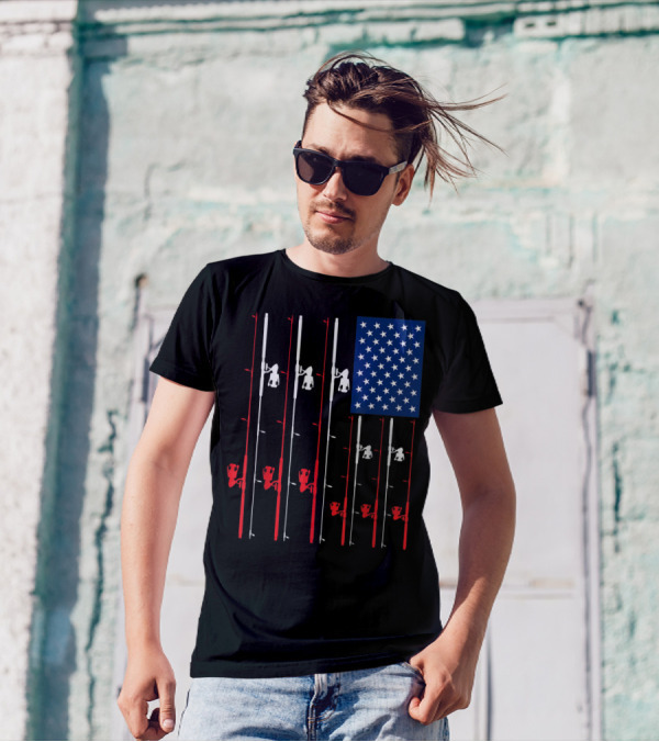 Fishing Rod US Flag Cute Fish Hunting American Patriotic Iconic T-Shirt