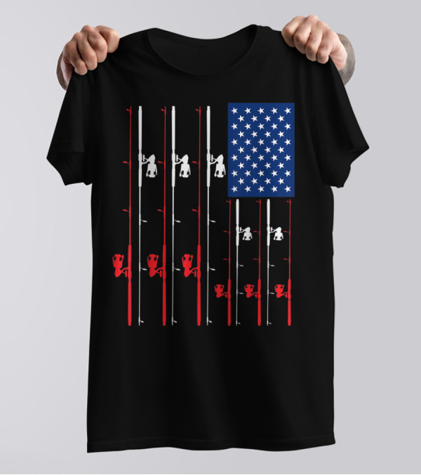 Fishing Rod US Flag Cute Fish Hunting American Patriotic Iconic T-Shirt