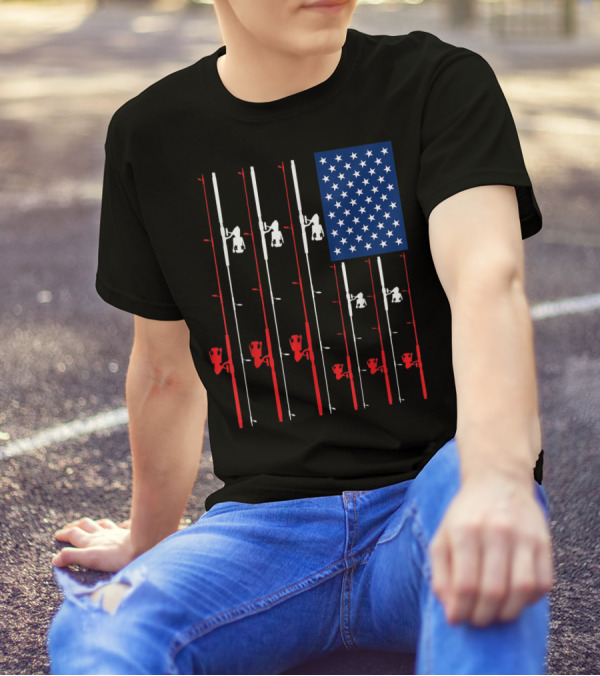 Fishing Rod US Flag Cute Fish Hunting American Patriotic Iconic T-Shirt