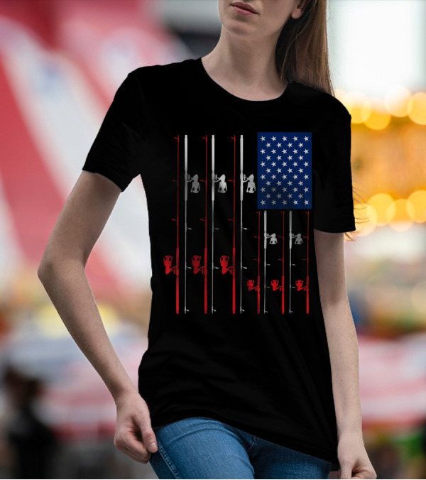 Fishing Rod US Flag Cute Fish Hunting American Patriotic Iconic T-Shirt