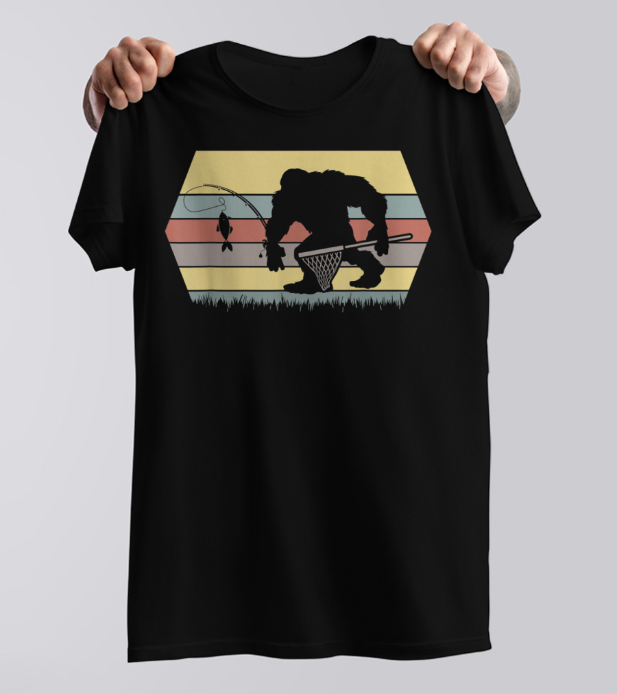 Funny Big Foot Fishing Silhouette Retro Stripes T-Shirt
