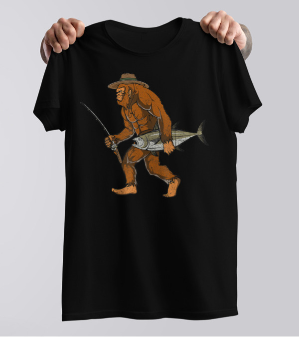 Bigfoot Bass Fisherman Catching Fish With Fishing Rod T-Shirt
