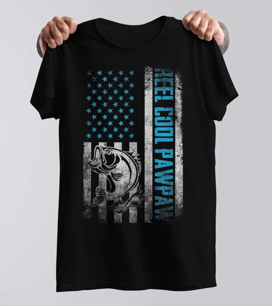 Father's Day Fishing Reel Cool Pawpaw With American Flag And Bass Fish T-Shirt
