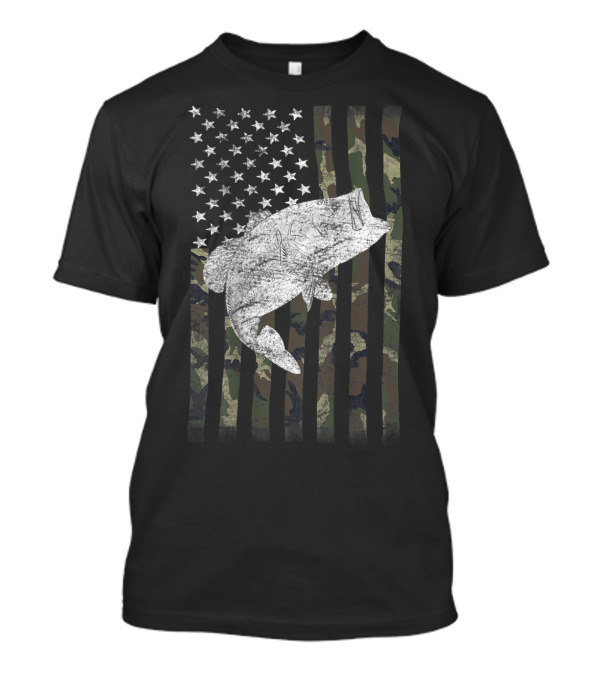 Funny Camouflage Flag With Big Mouth Bass Fishing T-Shirt