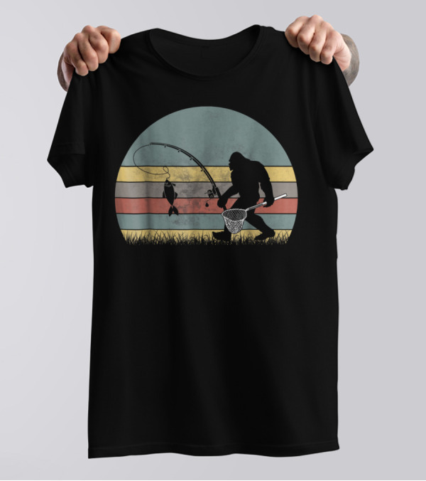 Bigfoot Fishing Retro Stripes T-Shirt