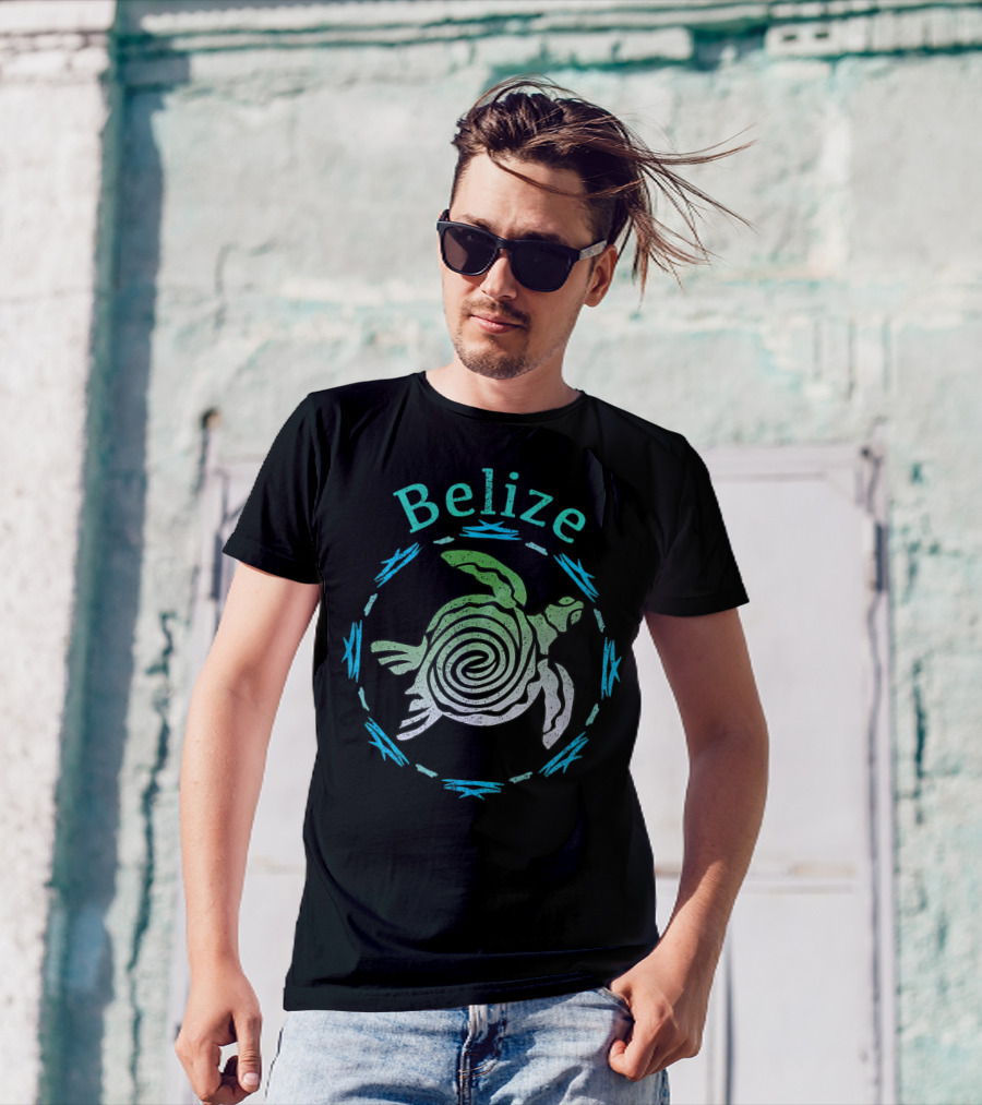 Belize Spiral Turtle With Blue Tribal Accents T-Shirt