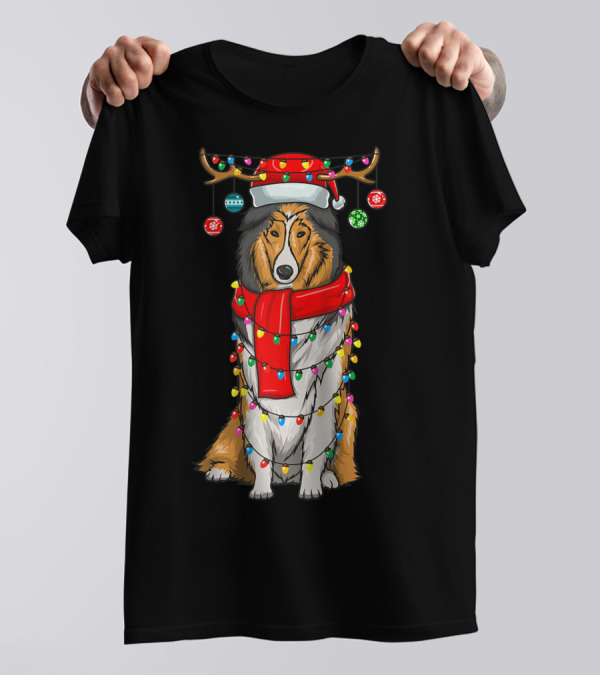 Christmas Cute Collie Dog Wrapped In Holiday Lights With Santa Hat And Antlers T-Shirt