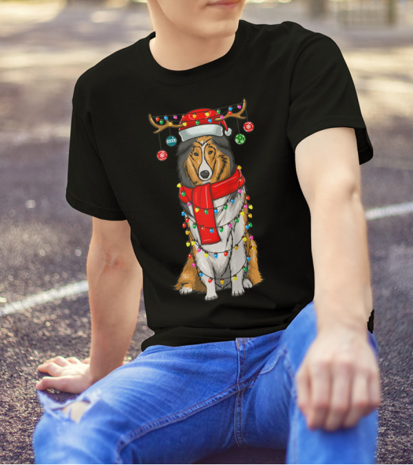 Christmas Cute Collie Dog Wrapped In Holiday Lights With Santa Hat And Antlers T-Shirt