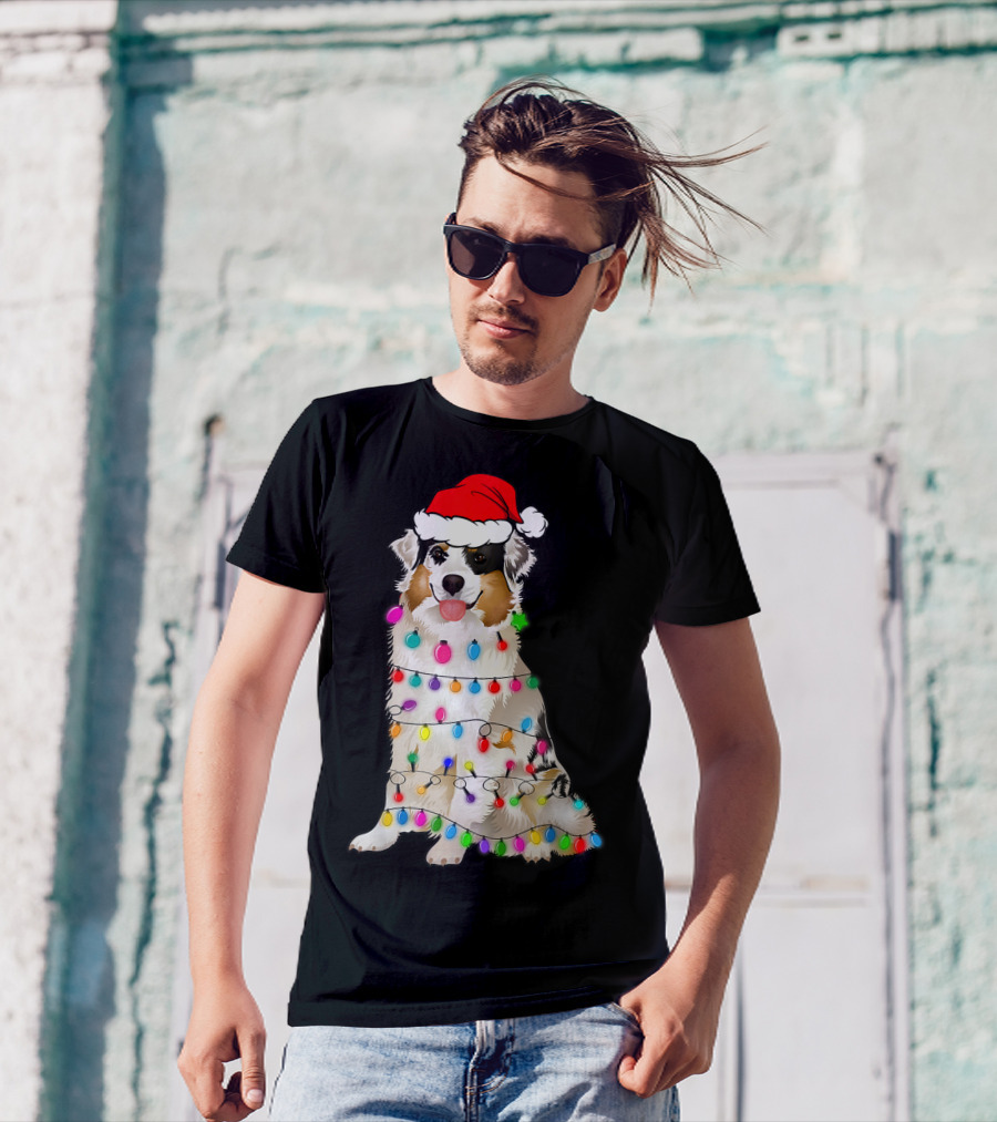Australian Shepherd Wrapped In Christmas Lights With Santa Hat T-Shirt