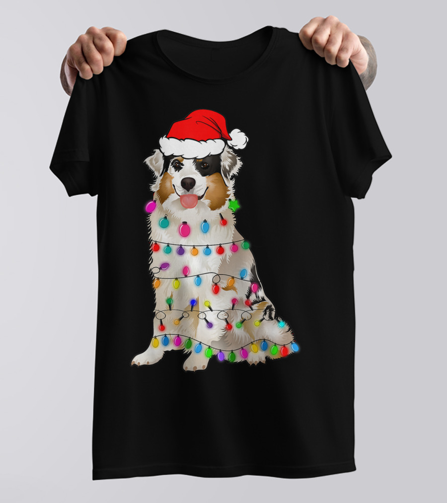 Australian Shepherd Wrapped In Christmas Lights With Santa Hat T-Shirt