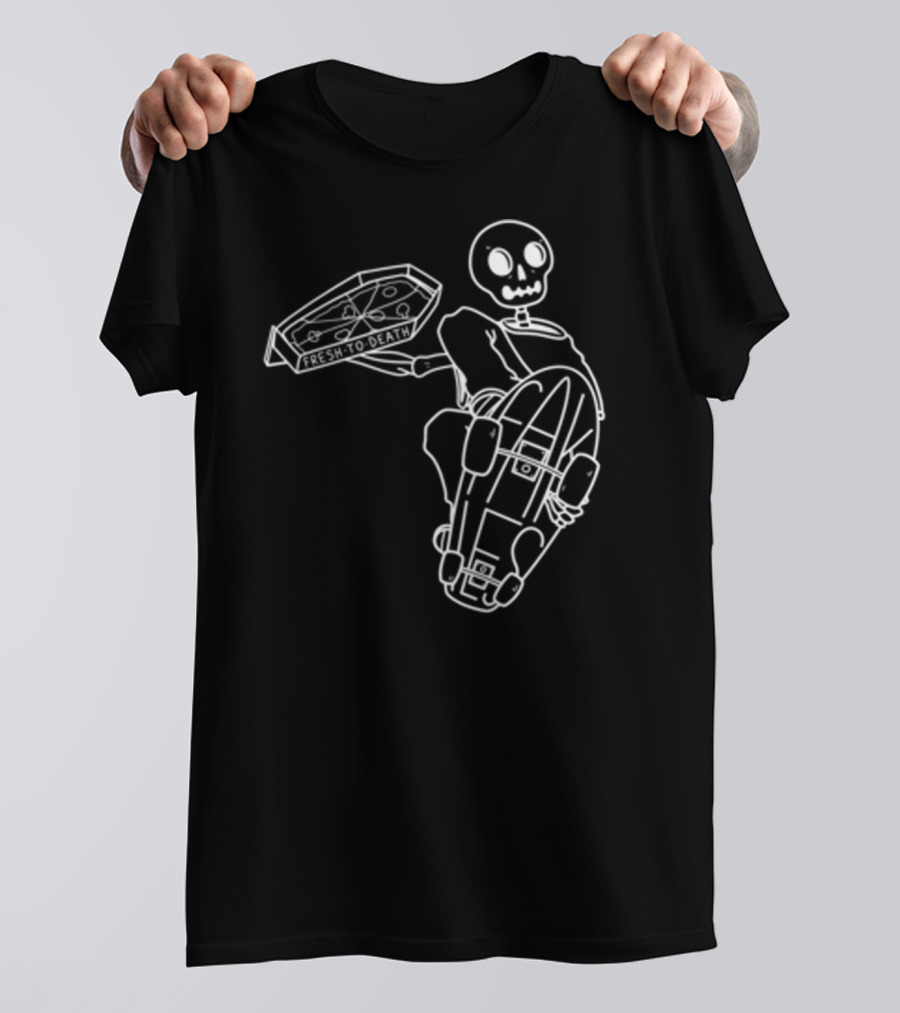 Fakie's Pizza Fresh To Death Skelly Skateboard T-Shirt