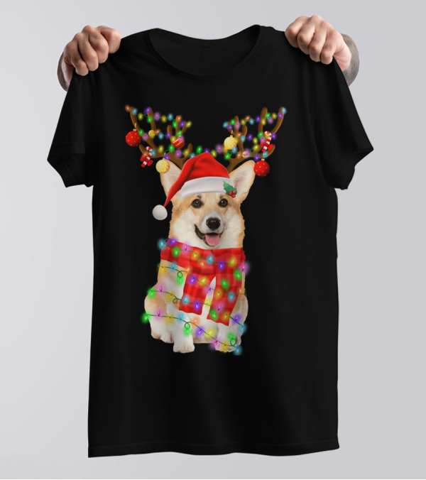 Funny Christmas Corgi Reindeer With Santa Hat And Festive Lights T-Shirt