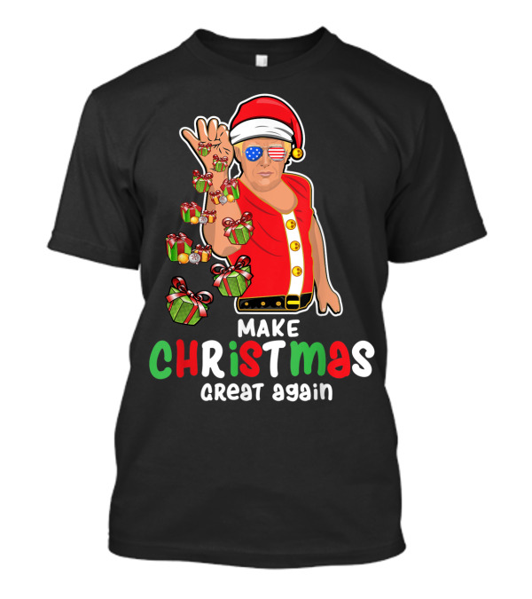 Make Christmas Great Again Funny Santa Trump With American Flag Glasses And Gifts T-Shirt