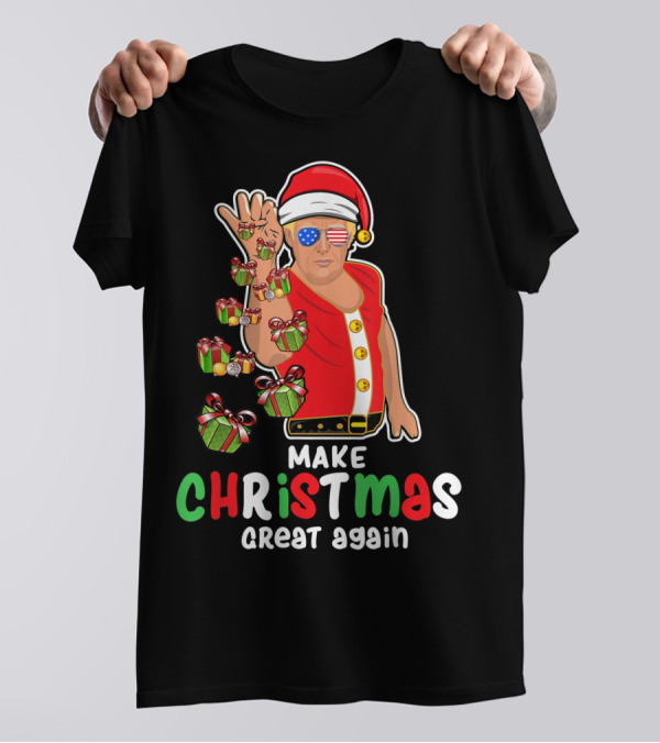 Make Christmas Great Again Funny Santa Trump With American Flag Glasses And Gifts T-Shirt