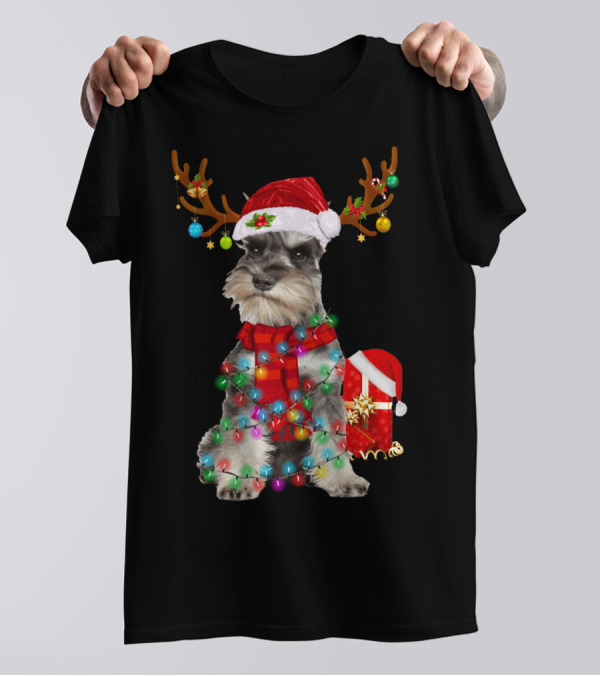 Funny Santa Hat Reindeer Miniature Schnauzer Christmas Lights T-Shirt