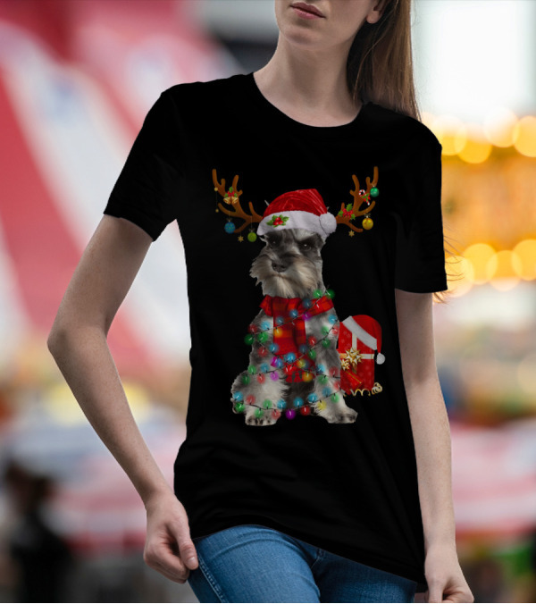 Funny Santa Hat Reindeer Miniature Schnauzer Christmas Lights T-Shirt