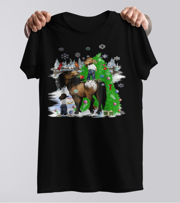 Holiday Cowboy Christmas Scene With Horse Snowflakes And Tree T-Shirt
