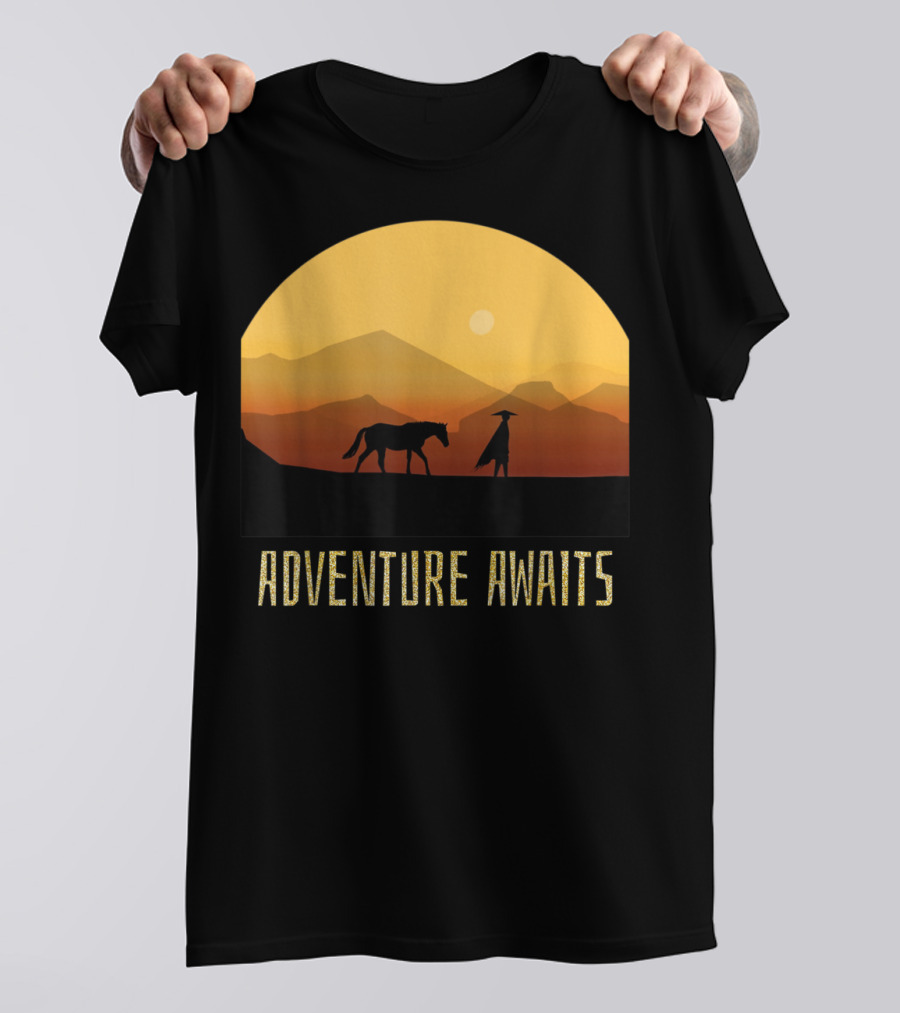 Adventure Awaits Sunset Man Horse Mountains T-Shirt