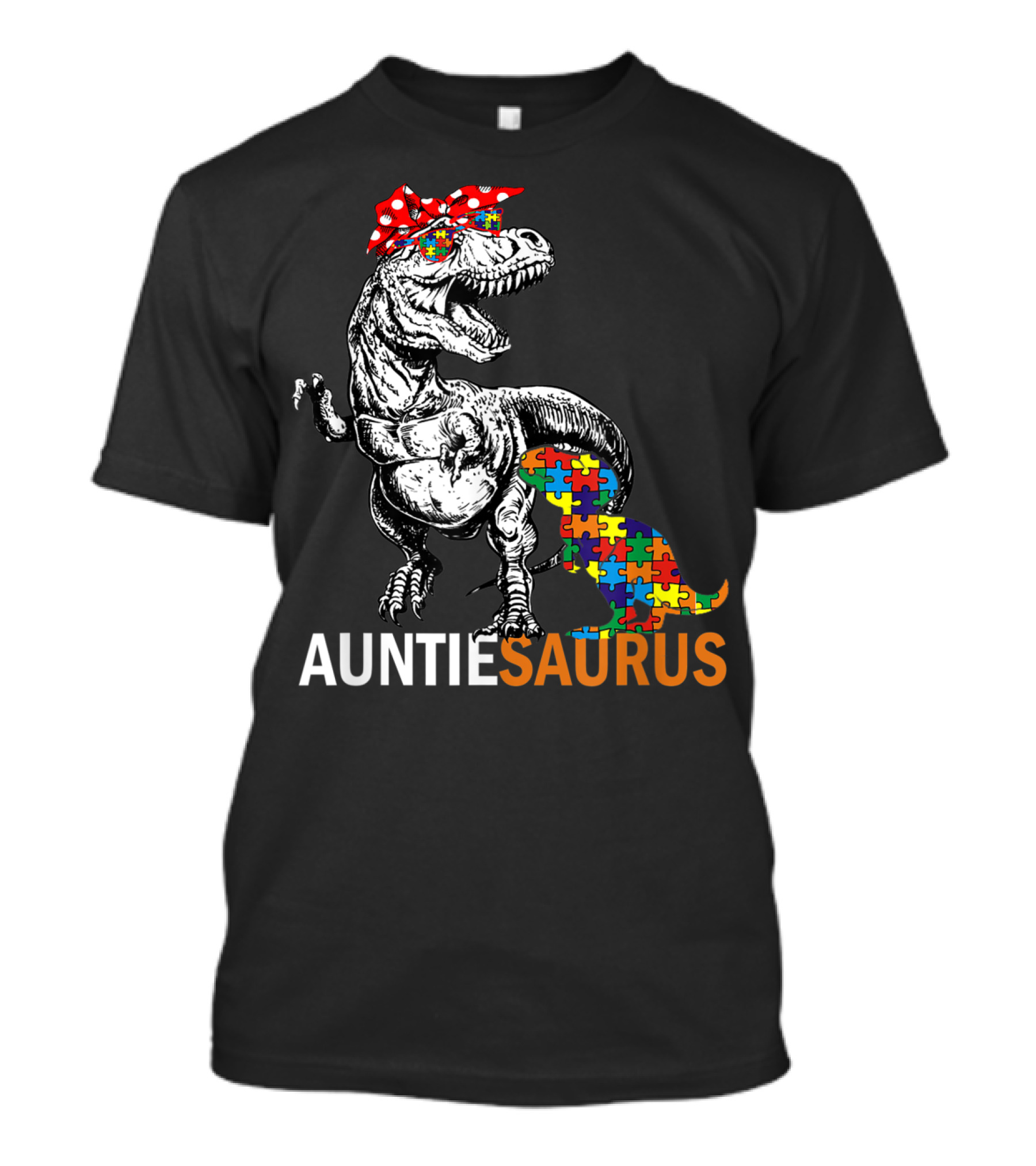 Auntie Saurus Autism Awareness Dinosaur With Puzzle Pieces And Bow T-Shirt