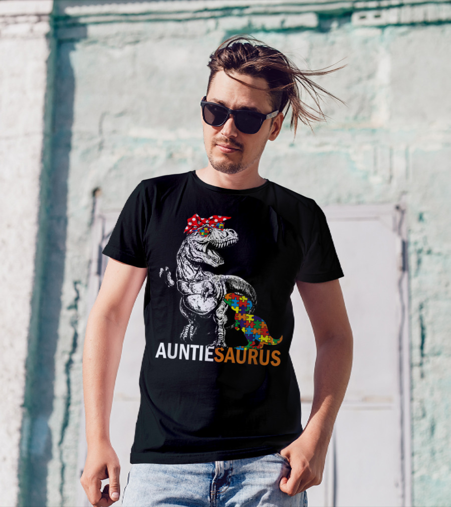 Auntie Saurus Autism Awareness Dinosaur With Puzzle Pieces And Bow T-Shirt