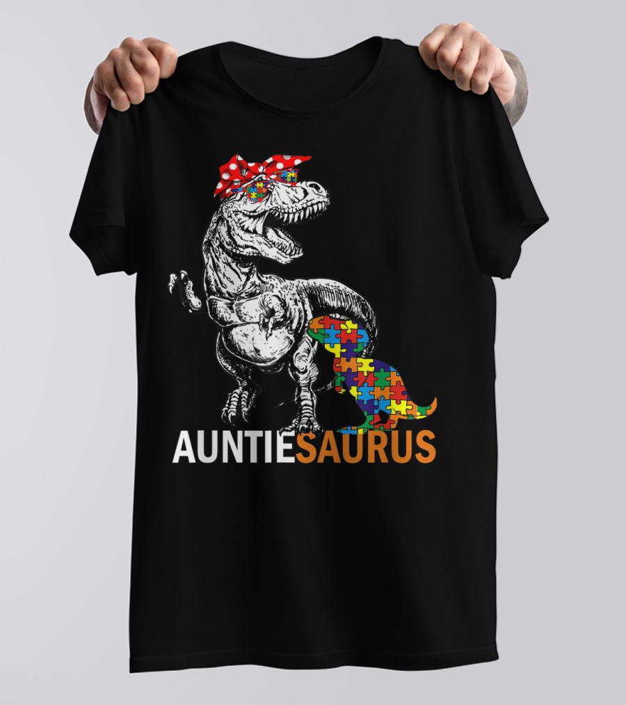 Auntie Saurus Autism Awareness Dinosaur With Puzzle Pieces And Bow T-Shirt