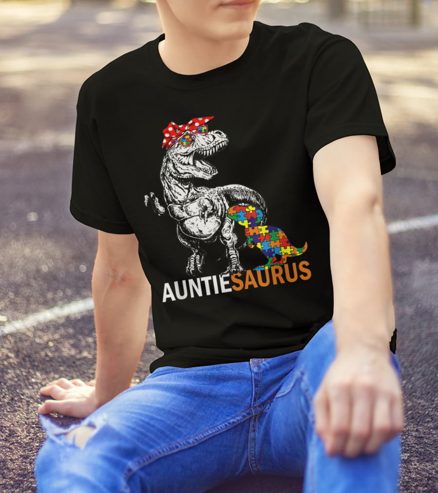 Auntie Saurus Autism Awareness Dinosaur With Puzzle Pieces And Bow T-Shirt
