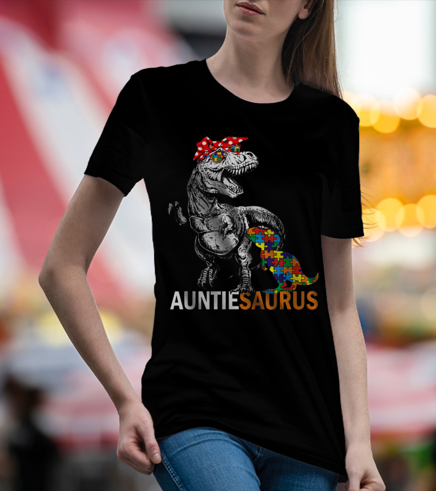Auntie Saurus Autism Awareness Dinosaur With Puzzle Pieces And Bow T-Shirt
