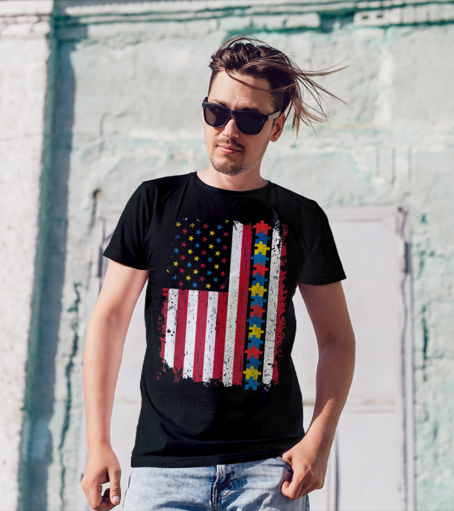 Autism Puzzle Piece 4th Of July American Flag USA Patriotic T-Shirt