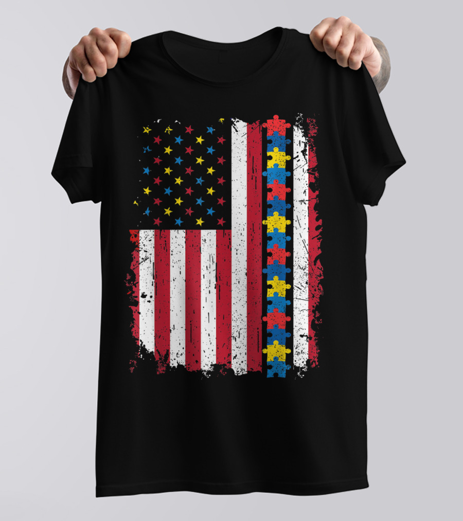 Autism Puzzle Piece 4th Of July American Flag USA Patriotic T-Shirt