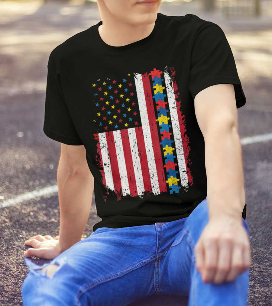 Autism Puzzle Piece 4th Of July American Flag USA Patriotic T-Shirt